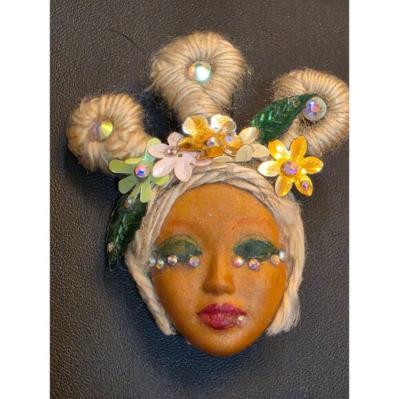 Handcrafted Face Brooch With Floral Accents & Rhinestones - Picture 8 of 10